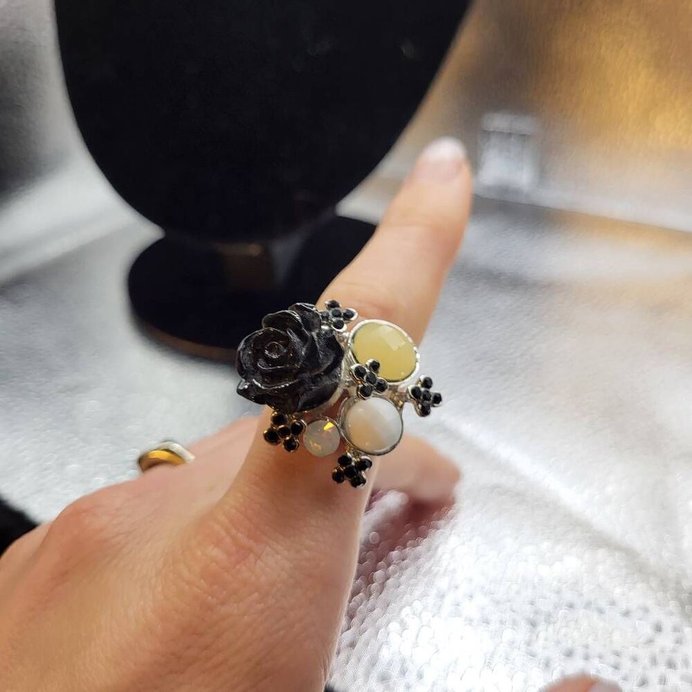 Vintage Unique Bohemian Black Rose Ring- size 7.5